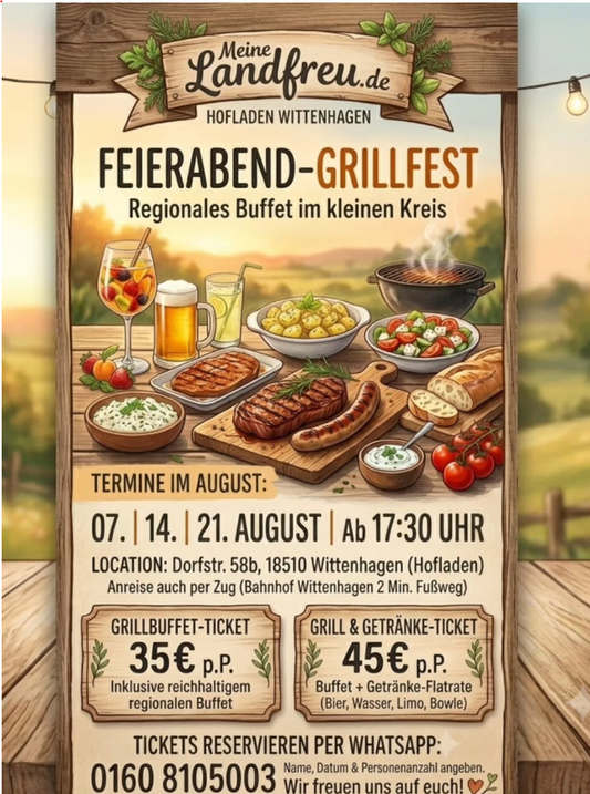 Plakat für das Feierabend-Grillfest im Hofladen Wittenhagen mit regionalem Grillbuffet, Steak, Bratwurst, Salaten und Getränken auf einem Holztisch, Termine 07., 14. und 21. August