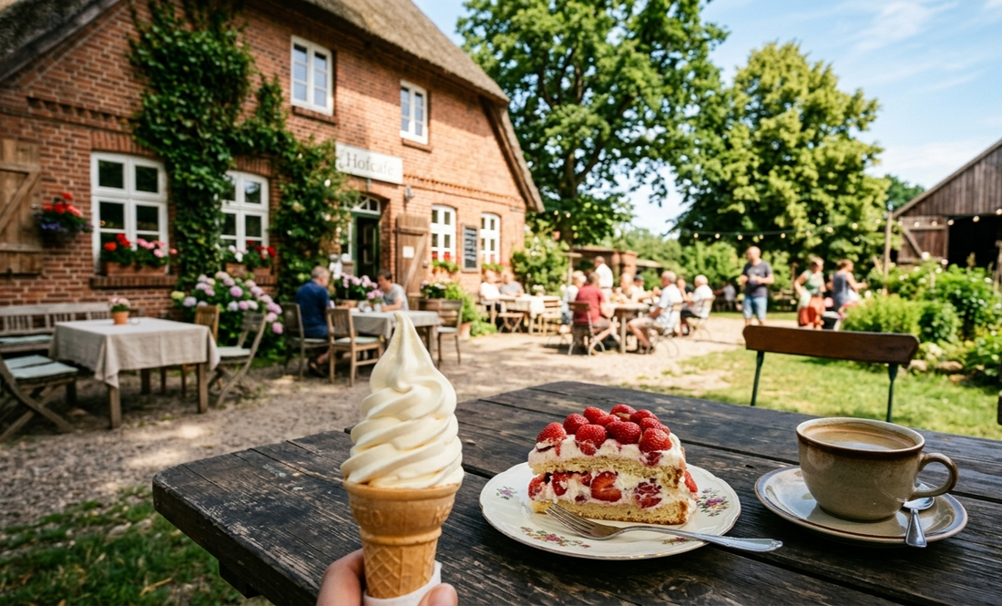 Gemütliches Hofcafé in Wittenhagen mit frischem Kuchen, Kaffee und Softeis auf einem Holztisch – jetzt auch sonntags geöffnet.