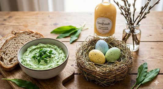 Rustikaler Holztisch mit frischem Bärlauch-Quark-Dip, Bauernbrot und einem natürlichen Osternest voller bunter Eier. Im Hintergrund Landfreude Spezialitäten im Weidenkorb.