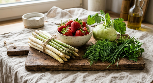 Rustikales Holzbrett mit frischem weißen und grünen Spargel, einer Schale roter Erdbeeren, knackigem Kohlrabi und frischen Kräutern wie Dill auf einem hellen Leinentuch.