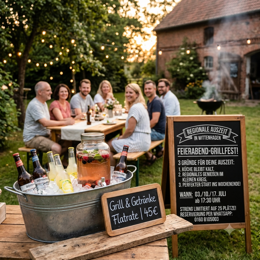 Gemütliche Runde beim Feierabend Grillfest im Garten vom Hofladen Wittenhagen